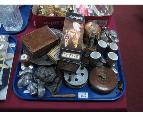 Leather Cased Tape Measure, fishing reel, serviette rings in the form of animals, brass-copper tea caddy, etc:- One Tray.