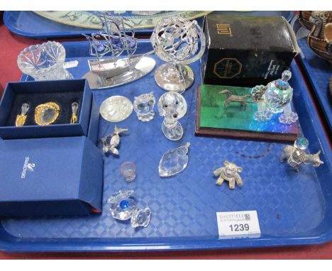 Swarovski glass garden tools in original box with certificate together with a quantity of other glass trinkets and ornaments.