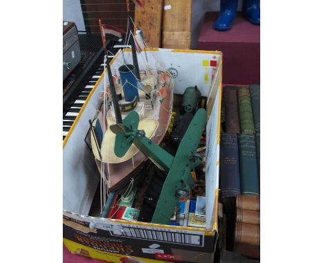 Thunderhawk Painted Metal Plane 26 x 36cm. Model of French steamboat. Iron tractor and tram, matchboxes.