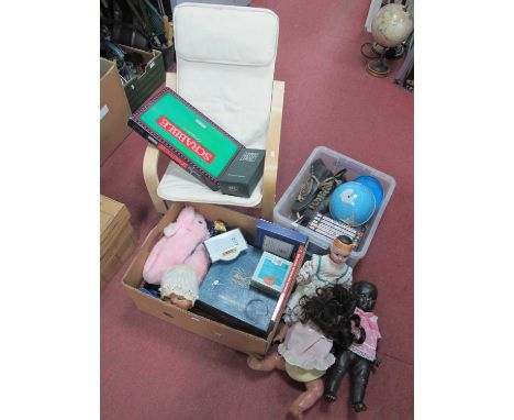 Roller Skates, dolls, games, children's books, etc:- Two Boxes. Child's bentwood easy chair.
