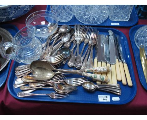 Kings Pattern Table Forks and Spoons, pottery handled salad servers, other cutlery, glass sucrier, and cream jug:- One Tray.