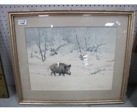 German School, Study of a Wild Bear in Winter Setting, watercolor, signed lower right, 30 x 40.5cm.