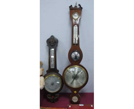 XIX Century Mahogany Barometer with Dry Damp Dial, thermometer, Butler's mirror and level. 1920s oak aneroid barometer. (2).