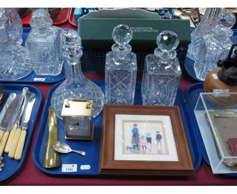 Ships Decanter, two Whisky decanters, silver caddy spoon, brass shoe horn, print, carriage clock