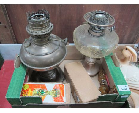 Plated Oil Lamp with Glass Well, Litenite brass example, and four window lamps. [567663] [630200]
