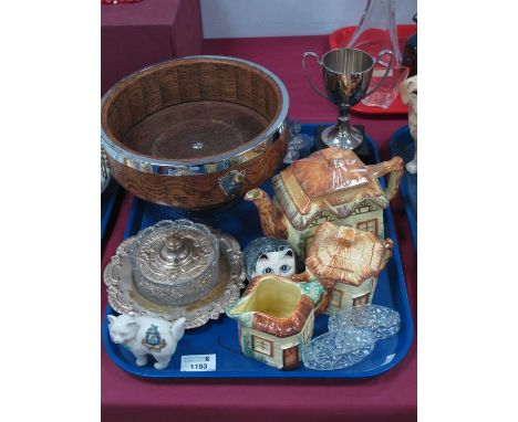 1930s Cottageware Tea Set, oak footed fruit bowl with lion mask and ring handles, twin handled trophy cup, decorative plated 