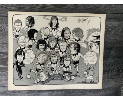 Original Cartoon Hereford FA Cup 1974: Sketch depicts the Hereford team with West Ham manager Ron Greenwood flattened after l