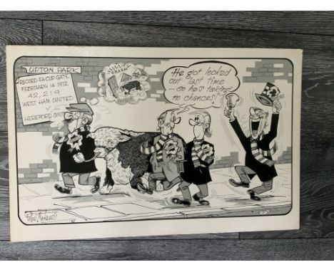 Original Cartoon Hereford v West Ham 1974: Sketch depicts the Hereford bull who used to get onto the pitch. The bull was shut