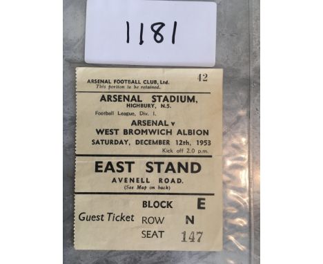 53/54 Arsenal v West Brom Football Ticket: Very good condition for League match dated 12 12 1953.