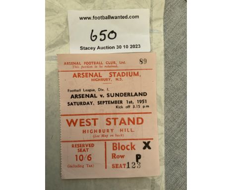 51/52 Arsenal v Sunderland Football Ticket: Excellent condition league match ticket dated 1 September 1951.