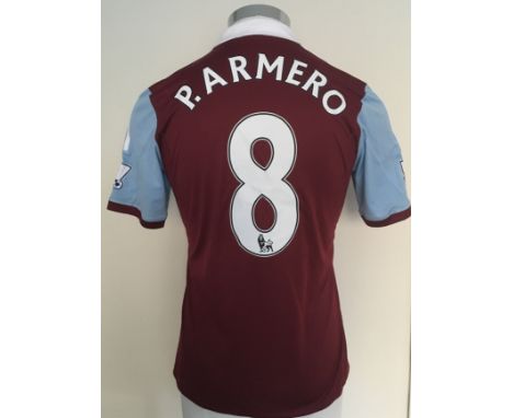 West Ham 2013 - 2014 Match Issued Football Shirt: Claret and blue Adidas Alpari short sleeve shirt with Premier League badgin