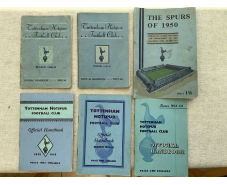 Tottenham Football Handbooks: 48/49 and Spurs of 1950 both having slight marks plus 50/51 52/53 53/54 + 54/55 in good conditi