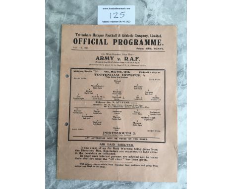 39/40 Tottenham v Portsmouth Football Programme: Single sheet dated 11 5 40 has punch holes and folding. Score and scorers no