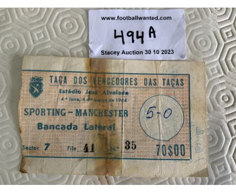 63/64 Sporting Lisbon v Manchester United Football Ticket: Poor condition European Cup ticket with Sporting line up written t