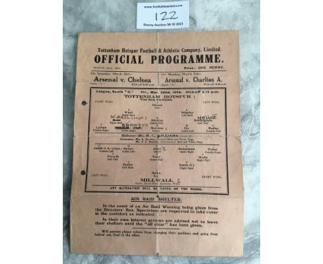 39/40 Tottenham v Millwall Football Programme: Single sheet dated 22 3 40 has punch holes and tear to fold. Score and team ch