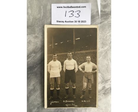 Tottenham 1920 Football Players Postcard: Three players with packed ground in the background. Postcard back is blank with a f