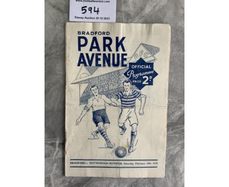 49/50 Bradford Park Avenue v Tottenham Football Programme: Good condition with no team changes dated 18 2 1950. Spurs were 2n
