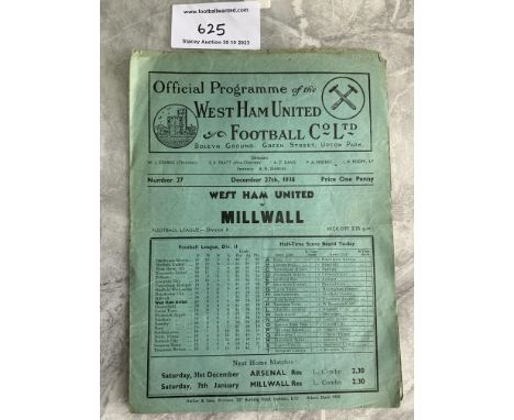 38/39 West Ham v Millwall Football Programme: Good condition league match with no team changes.