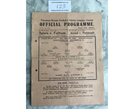 39/40 Tottenham v West Ham Football Programme: Single sheet dated 6 4 40 has punch holes and tear on fold. Score and scorers 