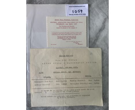 1957 Aston Villa FA Cup Final Football Memorabilia: Ticket requesting the pleasure of the company from directors of Aston Vil