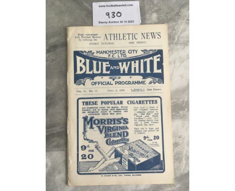 1917 - 1918 Manchester City v Port Vale Football Programme: First team Subsidiary match in the last season of the 1st World W