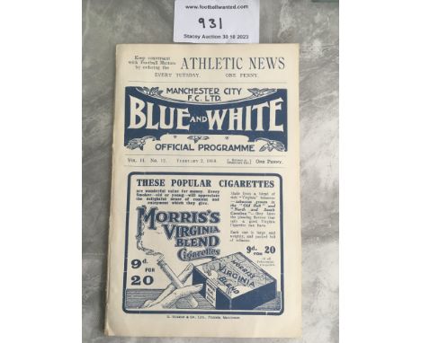 1917 - 1918 Manchester City v Port Vale Football Programme: First team match in the last season of the 1st World War. Very go