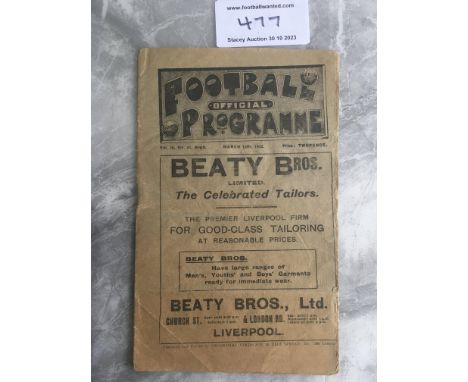 1922 England v Wales At Liverpool Football Programme: Fair condition full International played at Anfield. Tiny bit of tearin