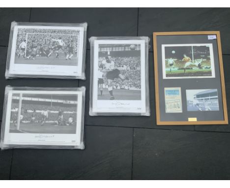 Jimmy Greaves Signed Framed Tottenham Football Prints: 3 are black and white in black frames still in wrappers measuring 25 x