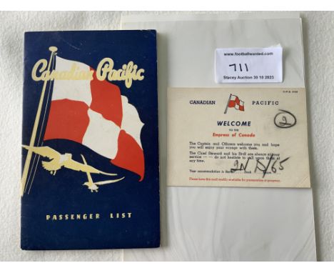 Tottenham Football Players 1952 Canadian Tour Memorabilia: Canadian Pacific passenger list booklet printed in Canada plus tic