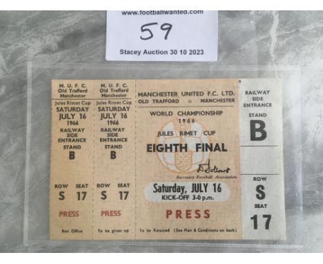 1966 World Cup Unused Press Ticket Portugal v Bulgaria: Played at Manchester United on 16 7 1966. All 3 parts still intact wi