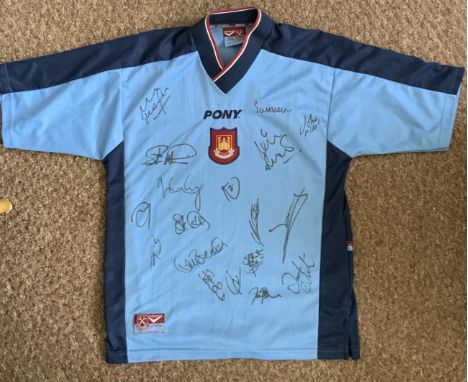 1997 - 1999 West Ham Signed Football Shirt: Original blue away shirt signed by 18 including Lomas Mean Moncur Ruddock Abou Hi