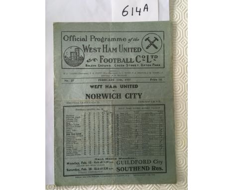 36/37 West Ham v Norwich City Football Programme: Good condition league match with no team changes. Light folding.