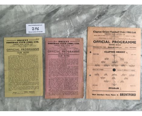 Orient + Walthamstow Home Football Programmes: Orient v 42/43 Fulham 45/46 Notts County + Northampton. Walthamstow v 43/44 Lo