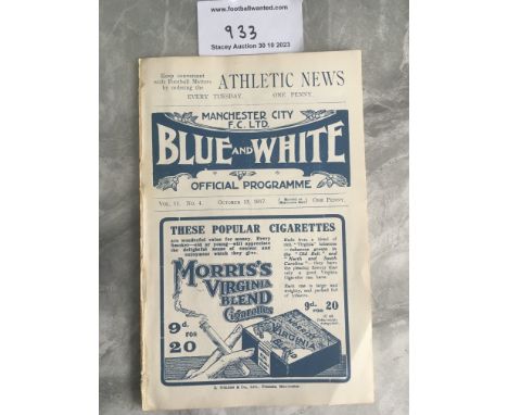 1917 - 1918 Manchester City v Bury Football Programme: First team match in the last season of the 1st World War. Very good ex