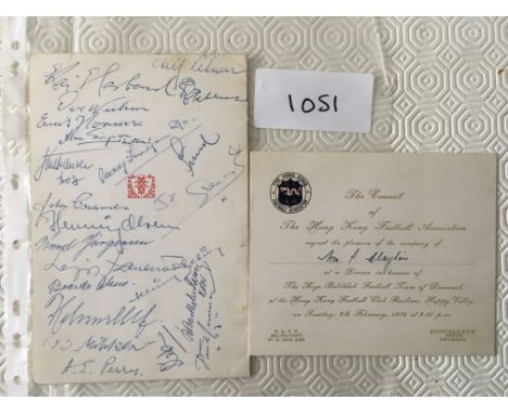 1954 Hong Kong Football Association Signed Menu: Invitation and menu from the Newly formed Hong Kong FA to Koge Boldklub who 