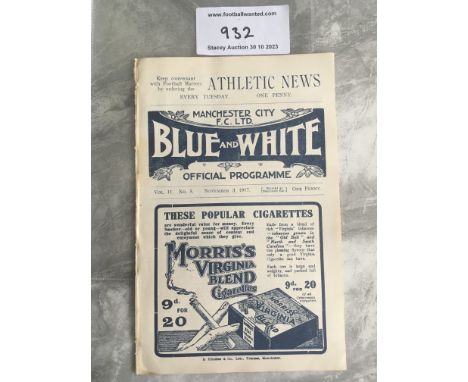 1917 - 1918 Manchester City v Stoke City Football Programme: First team match in the last season of the 1st World War. Very g