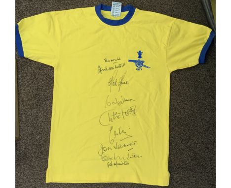 Arsenal 1971 FA Cup Final Signed Football Shirt: Yellow replica shirt in size small hand signed by 9 of the double winning te