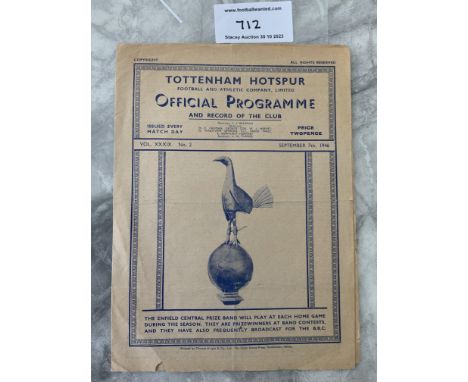 46/47 Tottenham v Reading Reserves Football Programme: Football Combination match dated 7 9 1946 which is programme number 2.