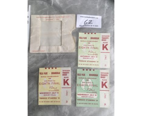 1966 World Cup Complete Set Of Villa Park Tickets: Very good different colour tickets plus the season ticket envelope. Argent