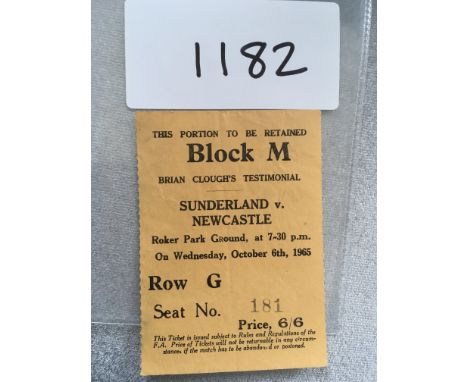 1965 Brian Clough Testimonial Football Ticket: Sunderland v Newcastle United at Roker Park on 6 10 1965. Good with light fold