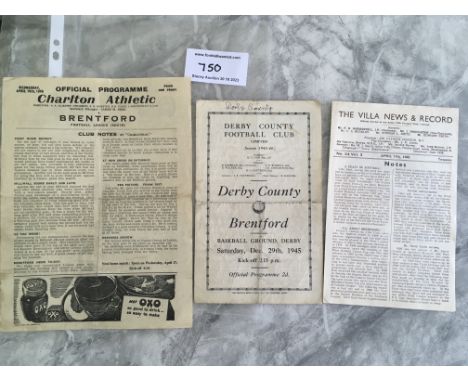 45/46 Brentford Away Football Programmes: League matches v Charlton good, Aston Villa excellent and Derby poor/fair. C/W FA C