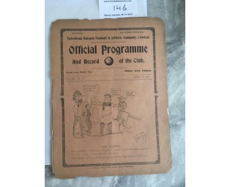 1919 - 1920 Tottenham v West Ham Football Programme: Reserve match in the London Combination. Spine completely detached. No t