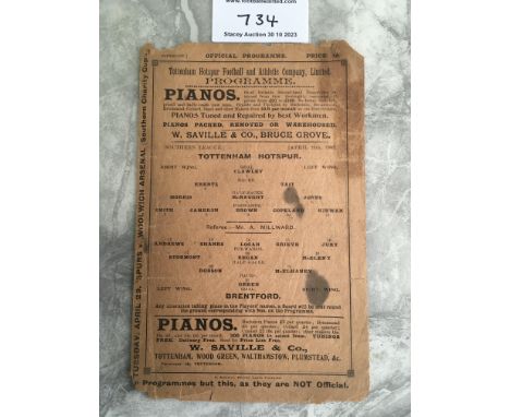 1901 - 1902 Tottenham v Brentford Football Programme: Southern League first team match has no team changes. Some paper loss t