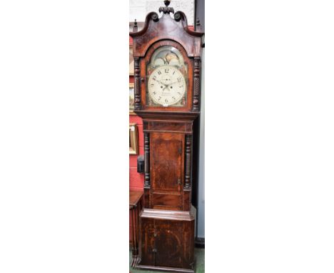 A late George III mahogany crossbanded, marquetry and oak longcase clock, 35.5cm enamel dial inscribed W. Johnson, Birmingham