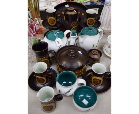 Denby Pottery - a Greenwheat pattern teapot, coffee pot, milk jug, sugar bowl and vinegar bottle; an Arabesque pattern coffee