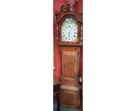 A George III oak and mahogany longcase clock, 33cm arched painted dial, inscribed with Roman numerals, date aperture, 30 hour