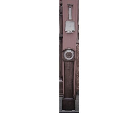 An oak Smiths grandmother clock, chiming, pendulum and key; a Shortland Smiths oak wall barometer (2)