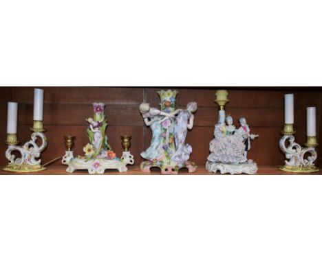 A pair of Continental ceramic table lamps, in the form of ornate candelabra, floral decoration, lemon border; a ceramic Art N