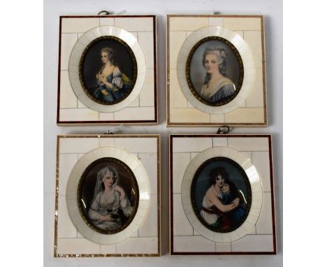 French School, a set of four portrait miniatures, of ladies of title, after the 18th century, oval, watercolour on ivorine, o