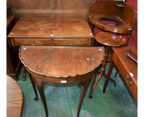 A George III design corner washstand; a similar tripod wine table; a reproduction walnut sofa table; a similar demi-lune side